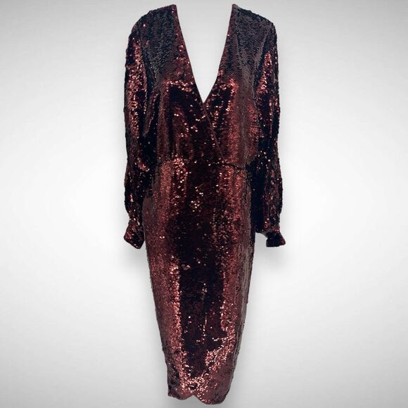 Ted Baker Emaleee Sequin Wrap Plunge Neck Midi Dress Size 2 US 4-6 Dark Red Glam - Picture 2 of 11